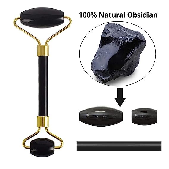 Black Obsidian Jade Facial Roller & Gua Sha Set 100% Natural Source from Highest Altitude of Himalayan Two-Sided Face Neck Massager Stone Beauty Tool-VeraVaultWomen