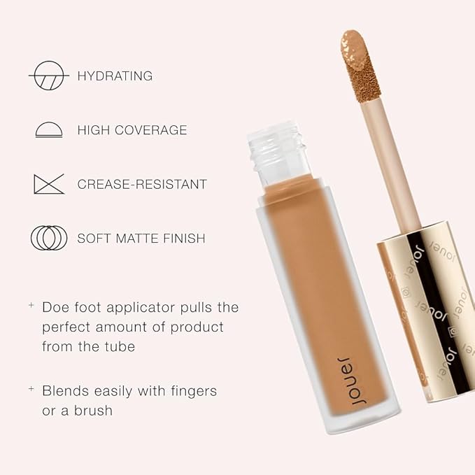Jouer Essential High Coverage Liquid Concealer - Brightening Concealer - Color Corrector for Under Eye Dark Circles, Spot Coverage, and Eye Primer - Soft Matte Finish, Honey