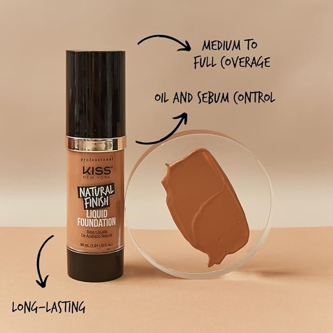 Kiss New York Professional Liquid Foundation - Lightweight and Hydrating Formula, Natural Finish, Control Shine, Cover Pores, Medium to Full Coverage, Green Tea Extract (Warm Honey)-VeraVaultWomen