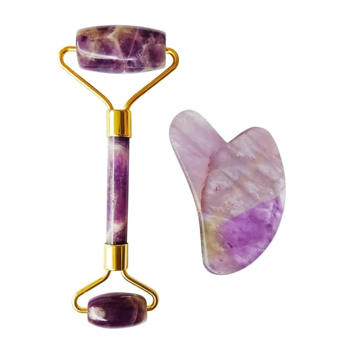 Amethyst Massage Roller and Gua sha Set | Reduces Wrinkles, Fine lines and Dark Circles | Pink Jade Roller | Anti-aging Massager for Skin Toning and Tightening for Face, Eyes, Neck-VeraVaultWomen