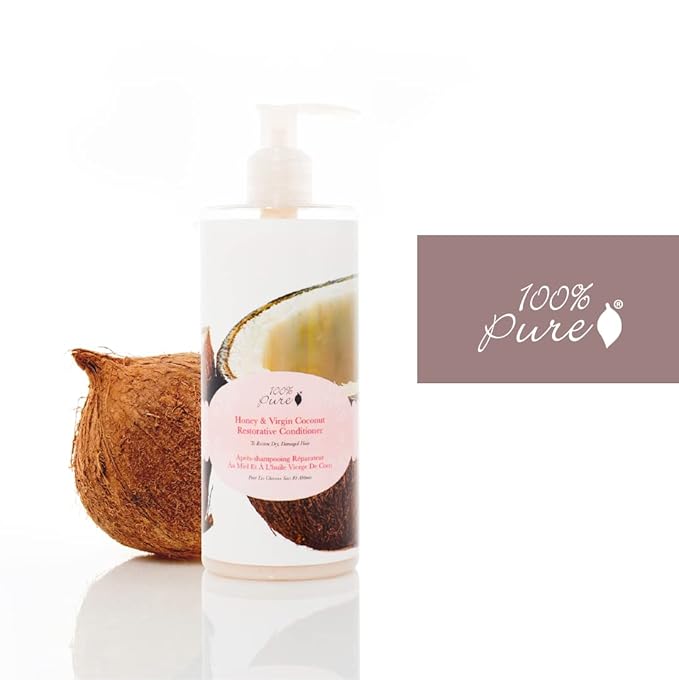 100% PURE Honey & Virgin Coconut Restorative Conditioner Moisturizer & Repair Replenishing Nutrient Boost for Dry Damaged Hair, Promotes Healthy Growth for Women & Men - Sulfate Free - 13 Fl Oz-VeraVaultWomen
