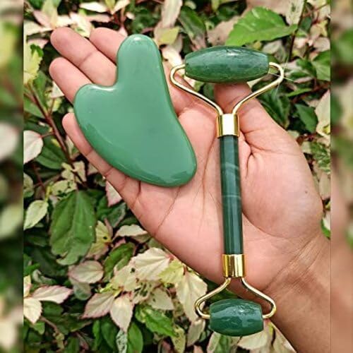 Green Jade Roller & Gua Sha Set, Face Roller Manual Massager,Green Jade Applicator for Face, Neck,Body Muscle,Relaxing, Stimulating Blood Flow, Relieve Fine Lines, Wrinkles,Green-VeraVaultWomen