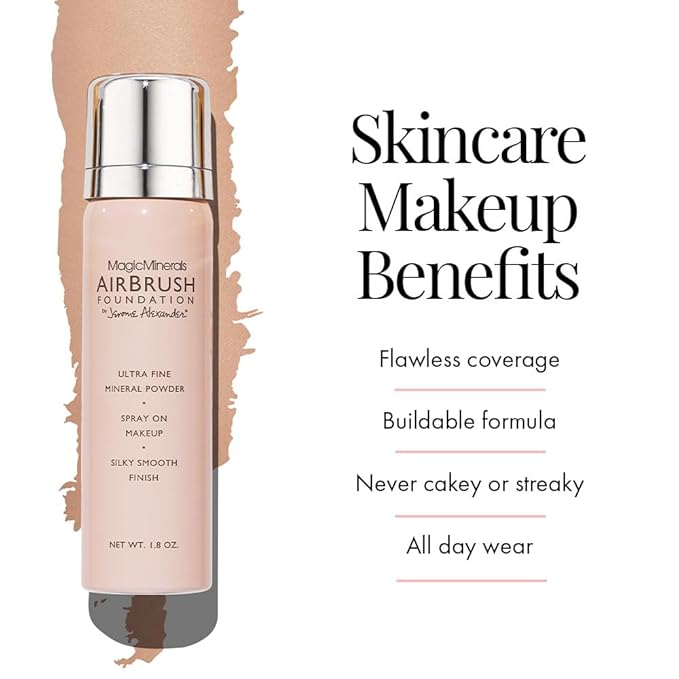 Jerome Alexander MagicMinerals AirBrush Foundation, Spray Makeup with Skincare Active Ingredients, Ultra-Light, Buildable, Full Coverage Formula (Light Medium)-VeraVaultWomen