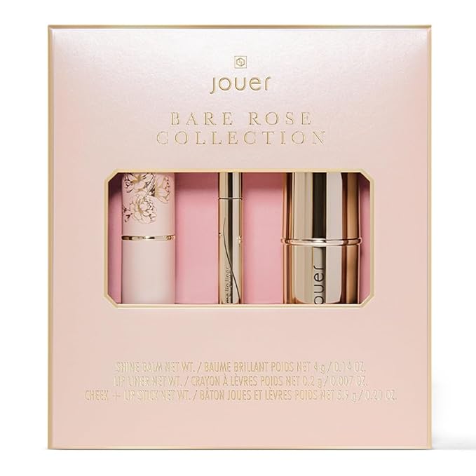 Jouer Bare Rose Collection - Blush Stick, Cream Lip Liner, Lip Plumping Balm Kit - Face Makeup in Rose Shades - Hydrating Formulas for Long Wear