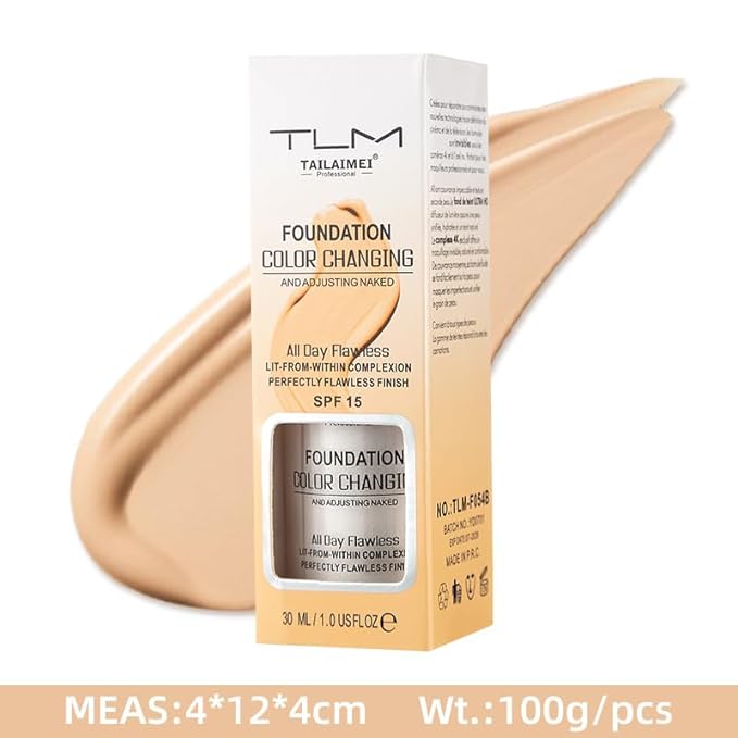 TLM Foundation Color Changing,TLM Colour Changing Liquid Foundation Hides Wrinkles & Lines,BB Cream Makeup Base Concealer Cover Moisturizing Fluid for all Skin Tone SPF15(30ML)-VeraVaultWomen