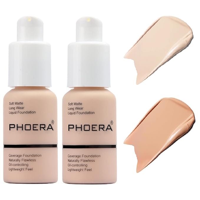 2 Pack PHOERA Foundation,Flawless Soft Matte Liquid Foundation 24 HR Oil Control Concealer Foundation Makeup,Full Coverage Foundation for Women and Girls(((101 Porcelain+103 Warm Peach)-VeraVaultWomen