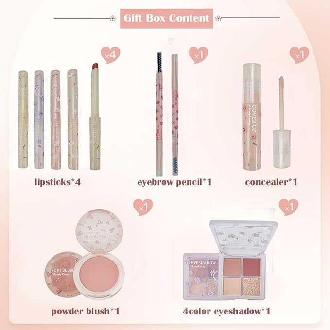 Makeup Kit for Women 8 Pieces Makeup Sets, 4 Color Lipsticks& Eyeshadow, Eyebrow Pencil, Concealer, Blush Palette 8Pcs Gift Box Makeup Bundle Value Set-VeraVaultWomen