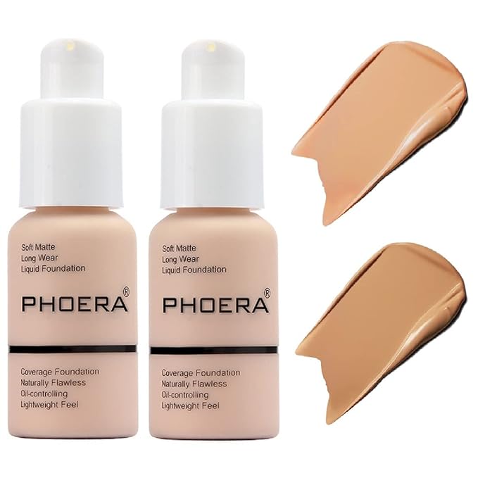 2 Pack PHOERA Foundation,Matte Oil Control Concealer Foundation Cream,PHOERA Long Lasting Waterproof Matte Liquid Foundation for Women Girls (104 Buff Beige+105 Sand)-VeraVaultWomen