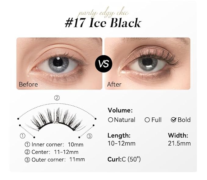 Magnetic Eyelashes with Applicator Kit, No.17 Ice Black, Reusable Magnetic Lashes without Eyeliner, Glue-free False Lashes, Waterproof, Lightweight, Suit for Heavy Makeup-VeraVaultWomen