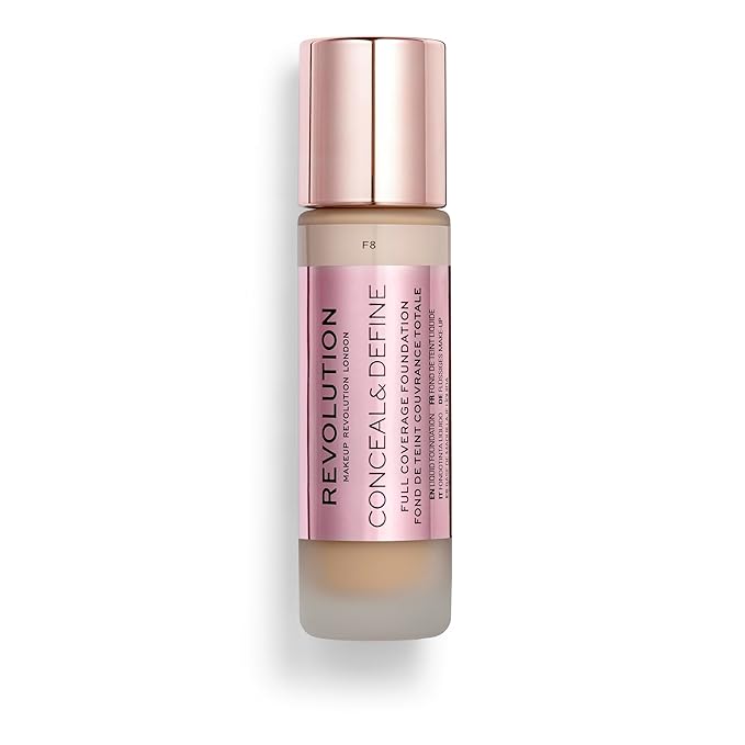 Revolution Beauty, Conceal & Define Foundation, Full Coverage, Long-Lasting Matte Finish, Vegan & Cruelty Free, F8 Light to Medium Skin Tones, 0.8 Fl.Oz.-VeraVaultWomen