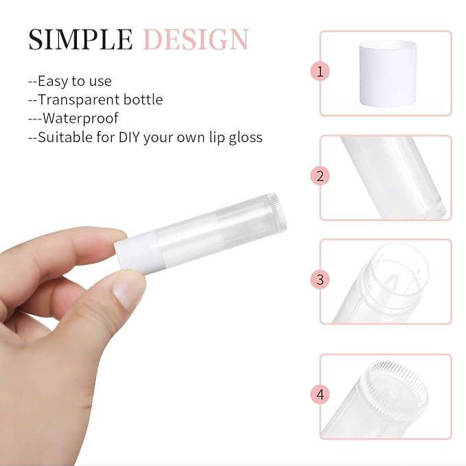 100 Sets Empty Lip Balm Tubes Bulk Round with White Caps for DIY Lipstick homemade, 3/16 Oz (5.5 ml), Clear, BPA Free, 100 Tubes and 100 Caps-VeraVaultWomen