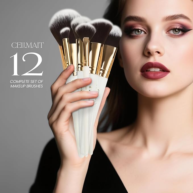 Makeup Brushes Set 12 Piece Professional & Beginner Friendly, Soft Synthetic Bristles for Face Eyeshadow Blending, Easy to Clean Travel Ready with Case, Ergonomic Wooden Handle Hypoallergenic (White)-VeraVaultWomen