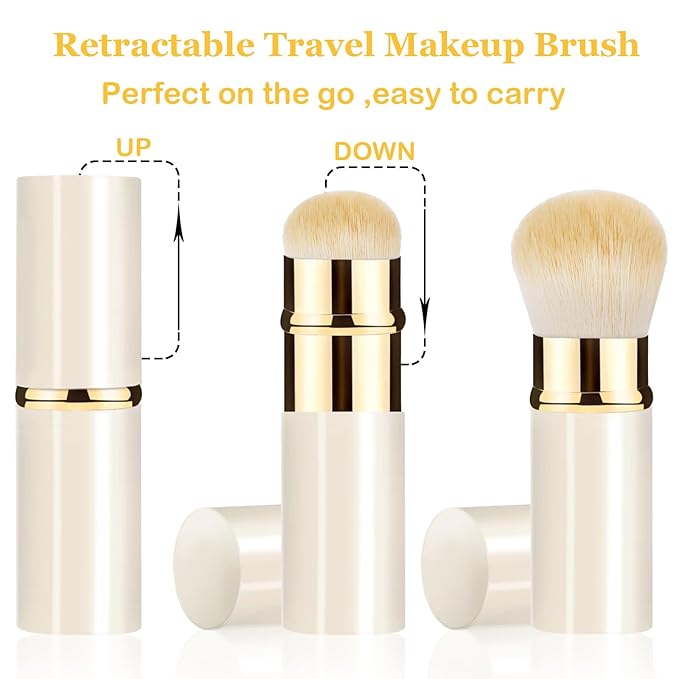 Makeup Brush, Retractable 2 Pack Travel Kabuki Powder Makeup Brush, Foundation Face Blush Brushes for Blending Liquid, Blush, Bronzer, Buffing, Sunscreen,Flawless Cosmetics-VeraVaultWomen