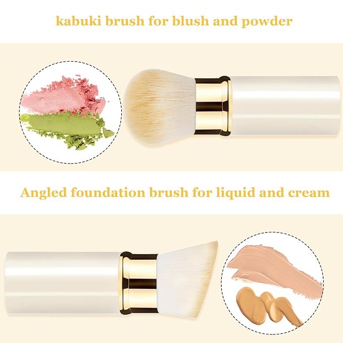 Makeup Brush, Retractable 2 Pack Travel Kabuki Powder Makeup Brush, Foundation Face Blush Brushes for Blending Liquid, Blush, Bronzer, Buffing, Sunscreen,Flawless Cosmetics-VeraVaultWomen