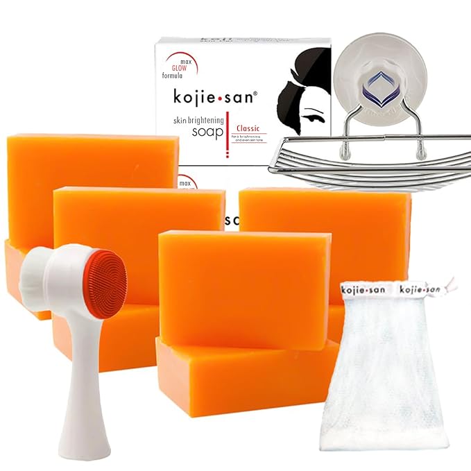 Kojie San Face & Body Shower Set - The Original Kojic Acid Soap, Dark Spot Remover Bar Soap with Coconut & Tea Tree Oil – 65g x 8 Bars with Leafa Soap Net, Brush and Soap Dish-VeraVaultWomen
