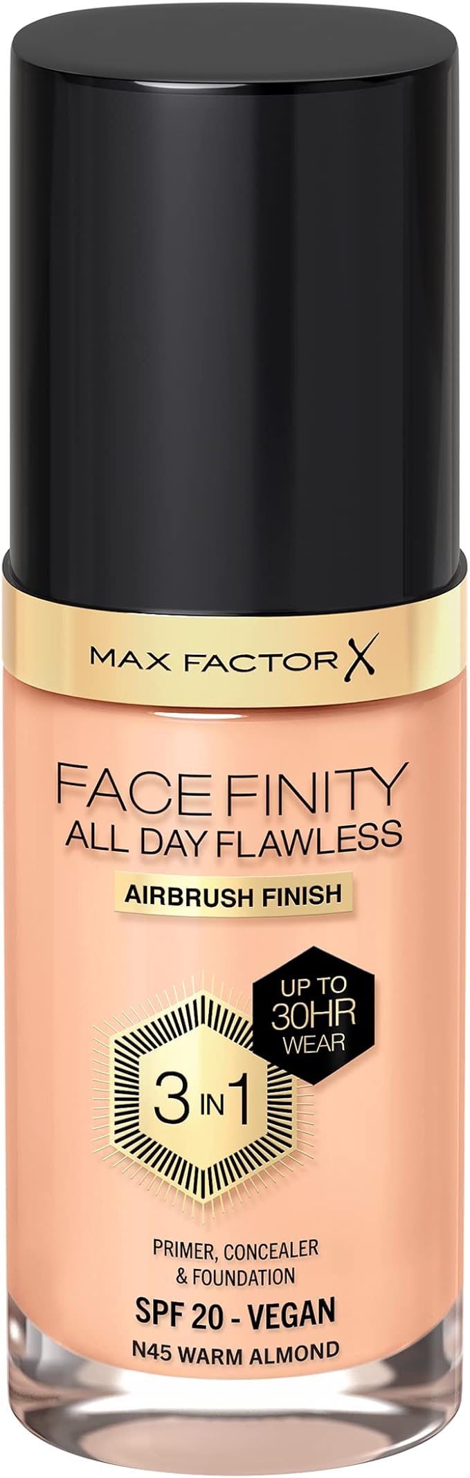 Max Factor Facefinity All Day Flawless 3 In 1 Foundation SPF 20, No. 45 Warm Almond-VeraVaultWomen