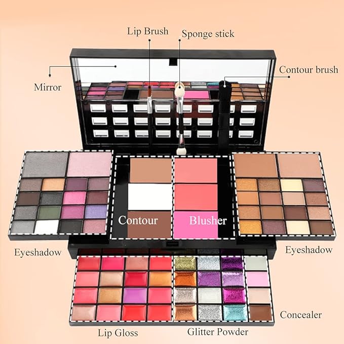 Makeup Kit for Women Full Kit including 36 Eyeshadow Makeup,16 Lip Gloss,12 Glitter Cream, 4 Concealer, 3 Blusher,1 Bronzer, 2 Highlight and Contour - All in One Makeup Kit 74 Colors-VeraVaultWomen