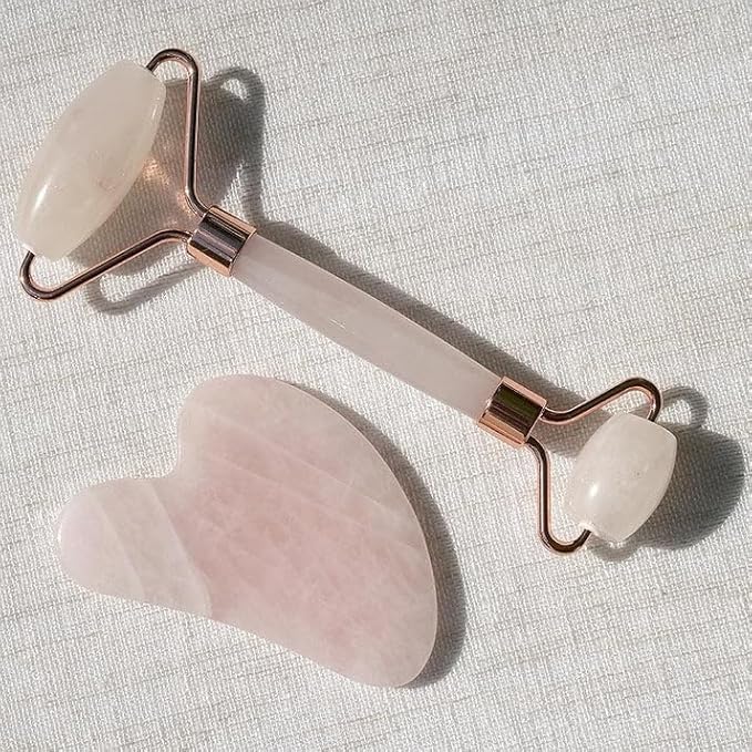 Rose Quartz Roller and Gua sha Set | Reduces Wrinkles, Fine lines and Dark Circles | Pink Jade Roller | Anti-aging Massager for Skin Toning and Tightening for Face, Eyes, Neck-VeraVaultWomen