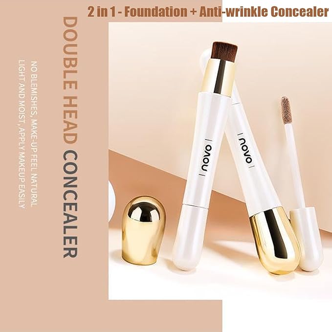 Happyhours 2 in 1 Foundation Anti-Wrinkle Concealer with Built-in Brush, Novo Foundation and Concealer Double Head Makeup Stick, Waterproof Long Lasting Anti-Wrinkle Concealer Foundation (2Pcs-01)-VeraVaultWomen