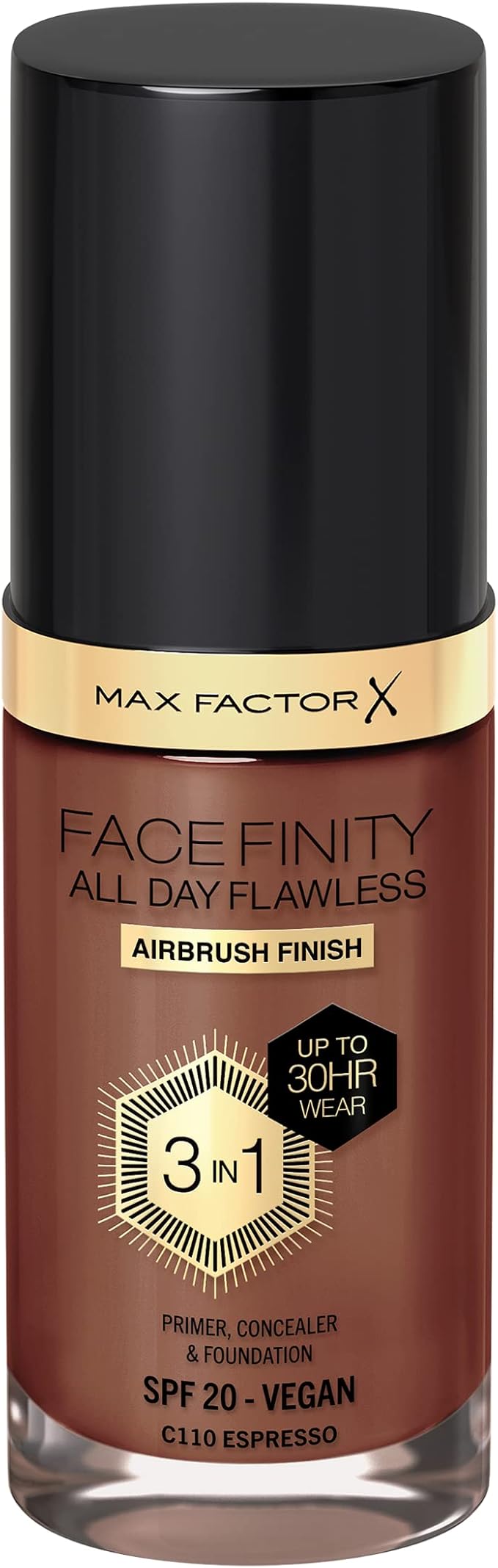 Max Factor Facefinity 3-in-1 All Day Flawless Liquid Foundation, SPF 20-110 Espresso, 30 ml-VeraVaultWomen