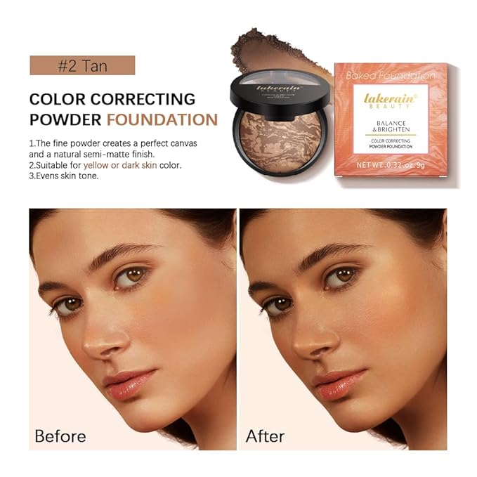 Baked Brighten Foundation, Coror Correcting Baked Balance Foundation,Buildable Coverage, Lightweight Powder Foundation, Creates a Perfect Canvas and a Natural Semi-Matte Finish(02# Tan)-VeraVaultWomen