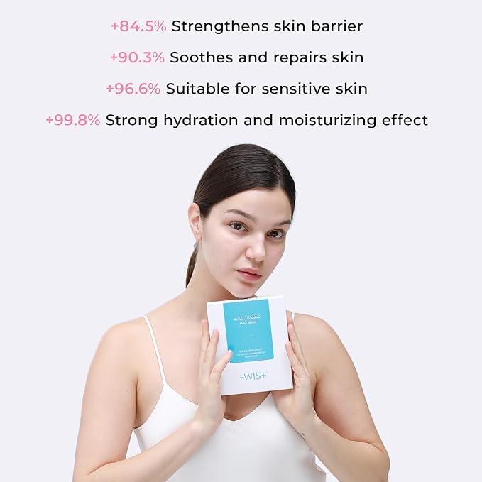 '+WIS+ Hyaluronic Acid Face Mask 24 EA with Hyaluronic Acid Serum and Vitamin B5, Hydrating Facial Mask for Dry Skin, Anti-Aging Mask to Plump and Repair Dehydrated Skin, Safe on Sensitive Skin