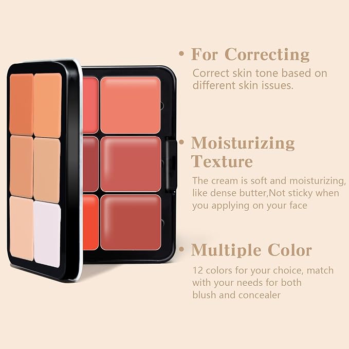 12 Colors Cream Blush Palette, Color Correcting Concealer Foundation Palette, Long Wearing Smudge Proof Blendable Matte Finish Blush Powder Highlighter and Cream Contour Palette Makeup (01)-VeraVaultWomen