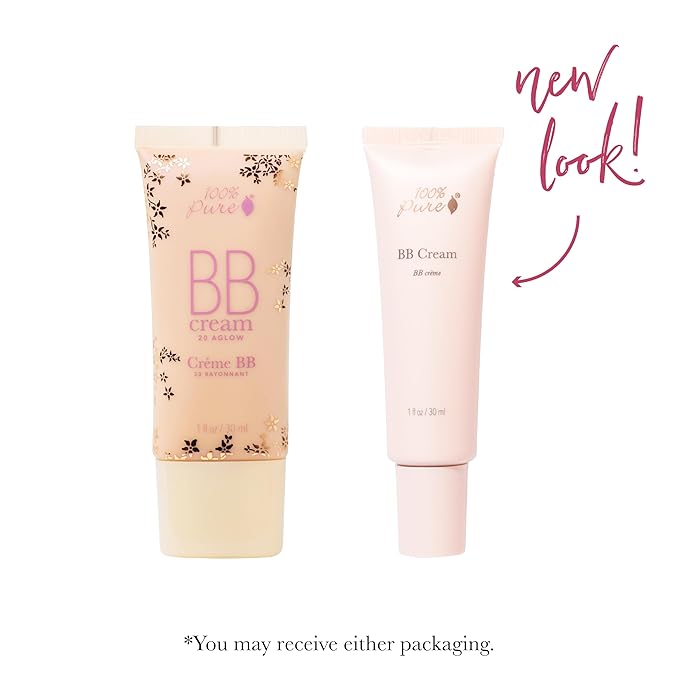 100% PURE BB Cream Shade 20 Aglow Full Face Coverage Skin Care & Glow - All-In-One Primer Concealer & Foundation Makeup - Shimmery, Dewy Youth Medium Color w/Warm Undertone - Vegan - 1 Fl Oz-VeraVaultWomen