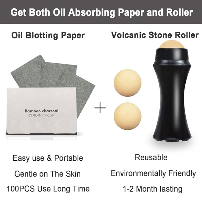 103 PCS Volcanic Roller Oily Skin Oil Control On The Go Volcanic Face Roller Oil Absorbing Volcanic Roller with Oil Blotting Sheet Paper for Oily Skin Care Oil Control Film Tissues(Type1)-VeraVaultWomen