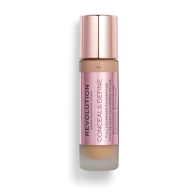 Revolution Beauty, Conceal & Define Foundation, Full Coverage, Long-Lasting Matte Finish, Vegan & Cruelty Free, F10 Medium Skin Tones, 0.8 Fl.Oz.-VeraVaultWomen