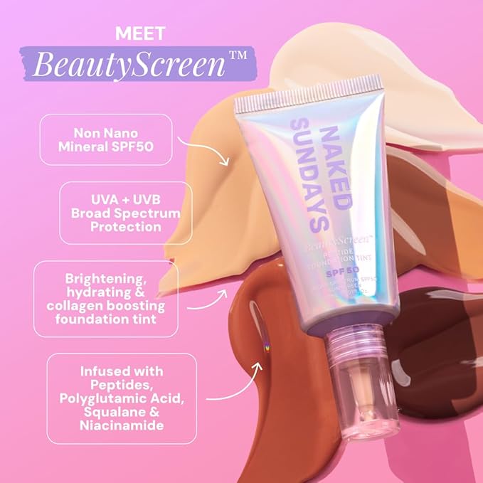 Naked Sundays BeautyScreen™ SPF 50 Mineral Peptide Foundation Tint – 2-in-1 Skin Tint & Mineral Sunscreen | Radiant, Buildable Coverage, Acne-Safe, Infused with Peptides (10 Deep Neutral, 1.01 oz)-VeraVaultWomen