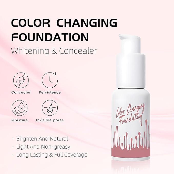 Color Changing Foundation Liquid, Skintone Matching Foundation, Full Coverage, Long Lasting, Lightweight Coverage, Oil Free and Silicon Free, Double Wear, Lightening, Sweat and Water Resistant-VeraVaultWomen
