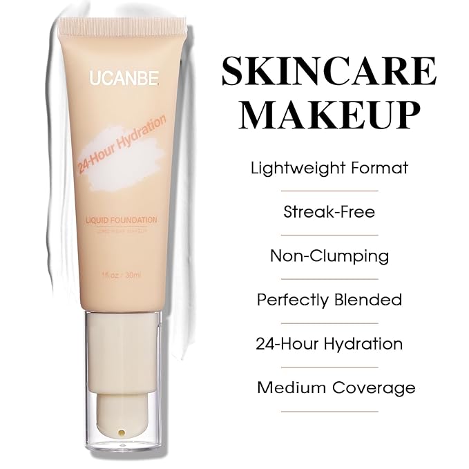 UCANBE White Liquid Foundation with Brush, Skincare Serum Foundation Face Makeup with Hyaluronic Acid, Medium to Medium to Full Coverage Waterproof Oil Control Longwear, for Mature Skin, 1 fl. oz.-VeraVaultWomen