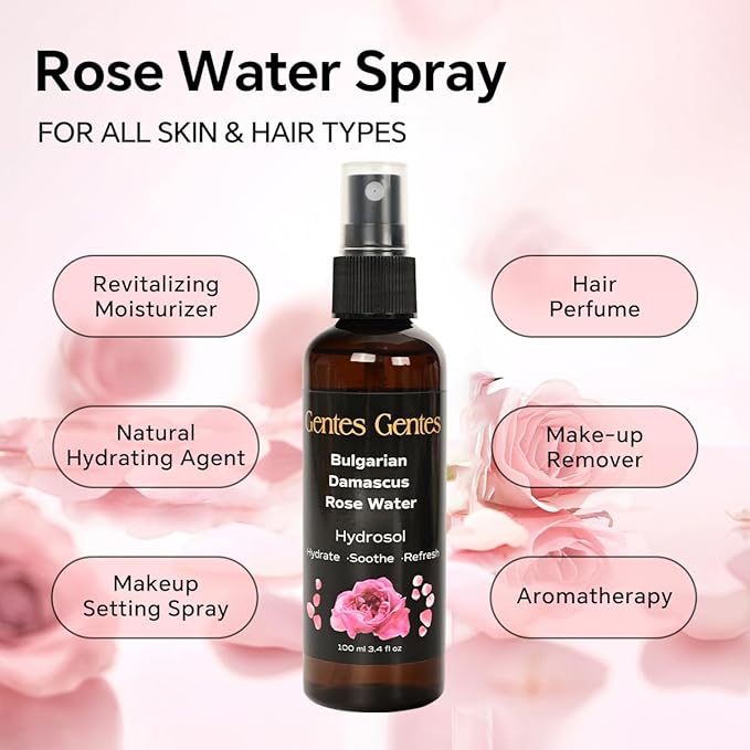 100% Pure Bulgarian Damascus Rose Water Hydrosol – Luxury Facial Toner for Hydration & Radiant Skin, Body Mist & Pillow Spray | Natural Skincare | 3.4 fl oz-VeraVaultWomen