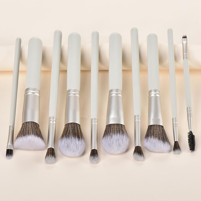 10 Piece Makeup Brushes - Grayish Green Wooden Handle with Soft Synthetic Bristles,for Face & Eye Makeup|Professional Makeup Brushes set for Women & Girls|-VeraVaultWomen