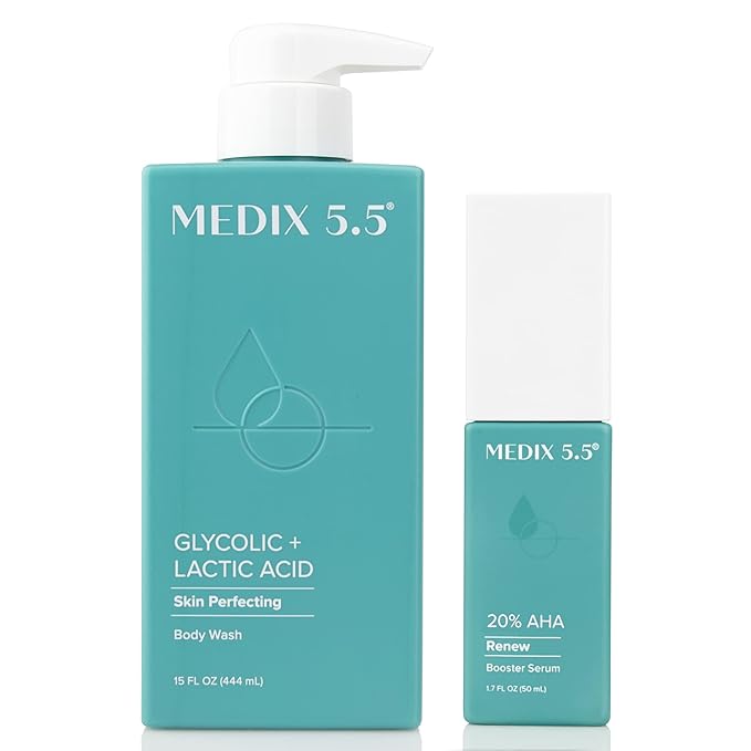 Medix 20% Glycolic Acid Booster + Exfoliating Body Wash Cleanser Skin Care 2PC Set | AHA Exfoliant Body Wash + Body Serum Both Refine + Soften Dead Dry Skin, Bumps, Wrinkles, & Fine Lines, Bundle-VeraVaultWomen