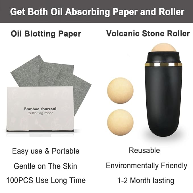 103 PCS Volcanic Roller Oily Skin Oil Control On The Go Volcanic Face Roller Oil Absorbing Volcanic Roller with Oil Blotting Sheet Paper for Oily Skin Care Oil Control Film Tissues (Type2)-VeraVaultWomen