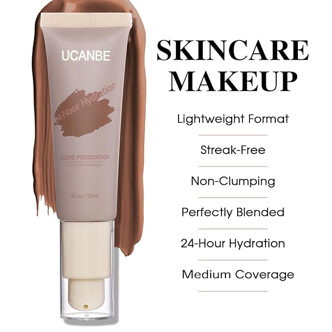UCANBE Matte Liquid Foundation with Brush, Skincare Serum Foundation Face Makeup with Hyaluronic Acid, Medium to Full Coverage Waterproof Oil Control Longwear, for Mature Skin, Cocoa, 1 fl. oz.-VeraVaultWomen