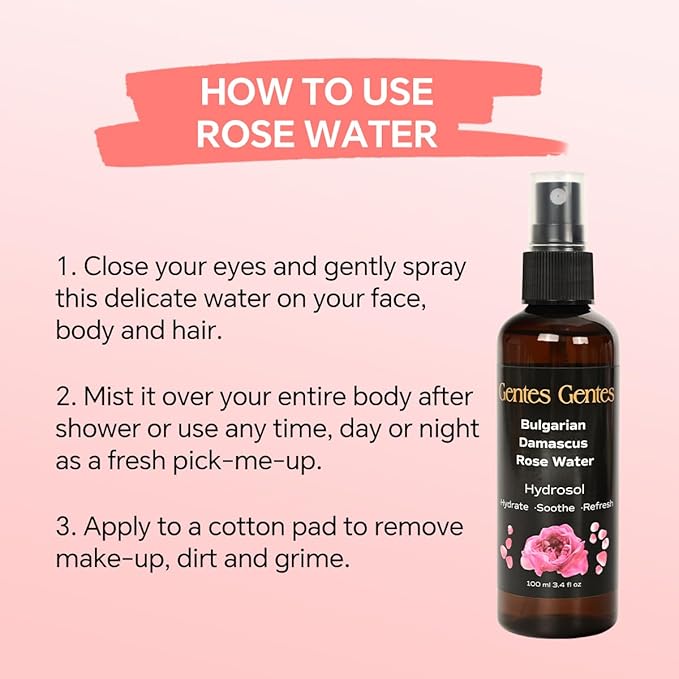 100% Pure Bulgarian Damascus Rose Water Hydrosol – Luxury Facial Toner for Hydration & Radiant Skin, Body Mist & Pillow Spray | Natural Skincare | 3.4 fl oz-VeraVaultWomen