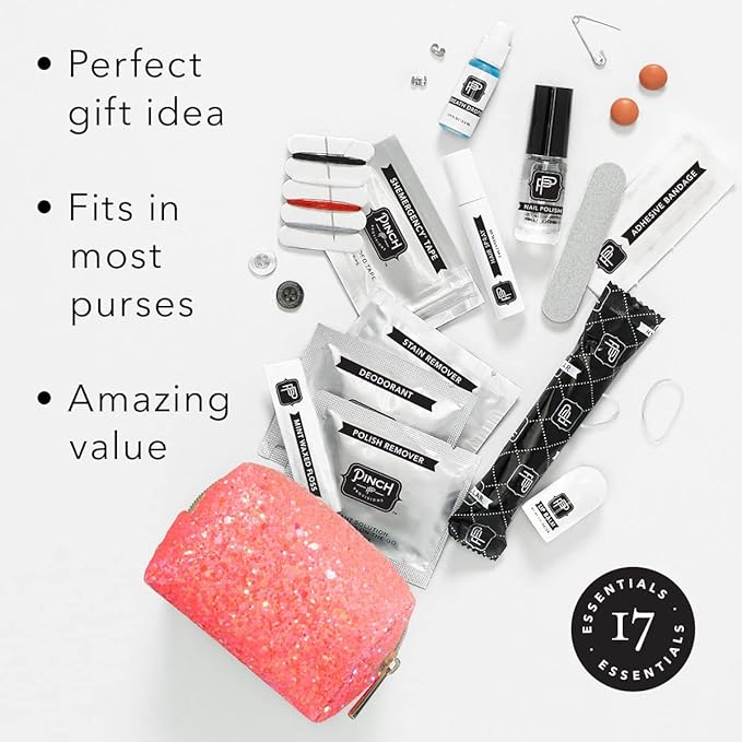 Pinch Provisions Coral Glitter Minimergency Kit, includes 17 Travel-Sized Cosmetic Essentials, Convenient for Purses, Emergency Beauty Accessories, Gifts for Holiday’s & Birthday’s-VeraVaultWomen