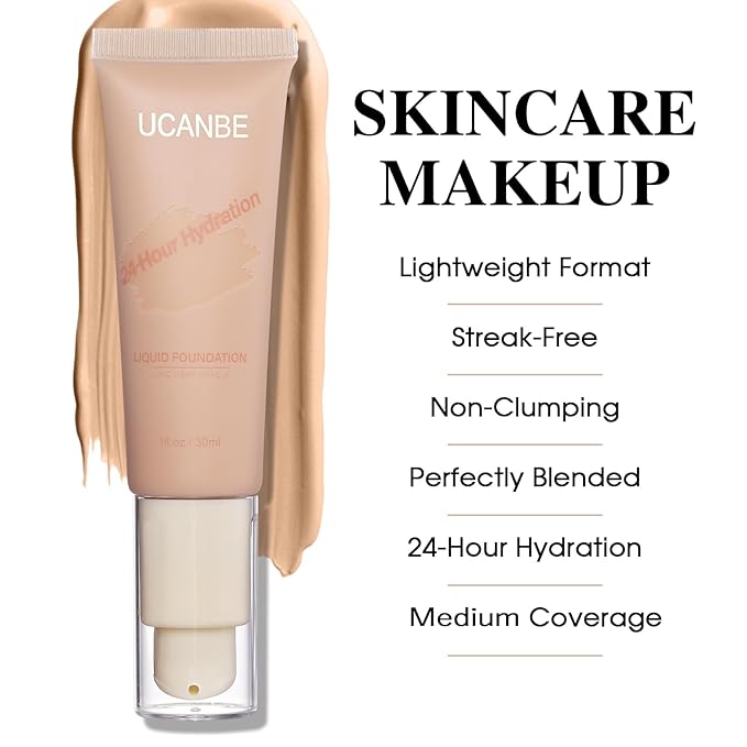 UCANBE Matte Liquid Foundation Makeup, Medium to Full Coverage Waterproof Longwear Serum Cream Foundation for Combination & Oily Mature Skin, Lightweight Hydrating Nourishing, Classic Ivory, 1 fl. oz.-VeraVaultWomen