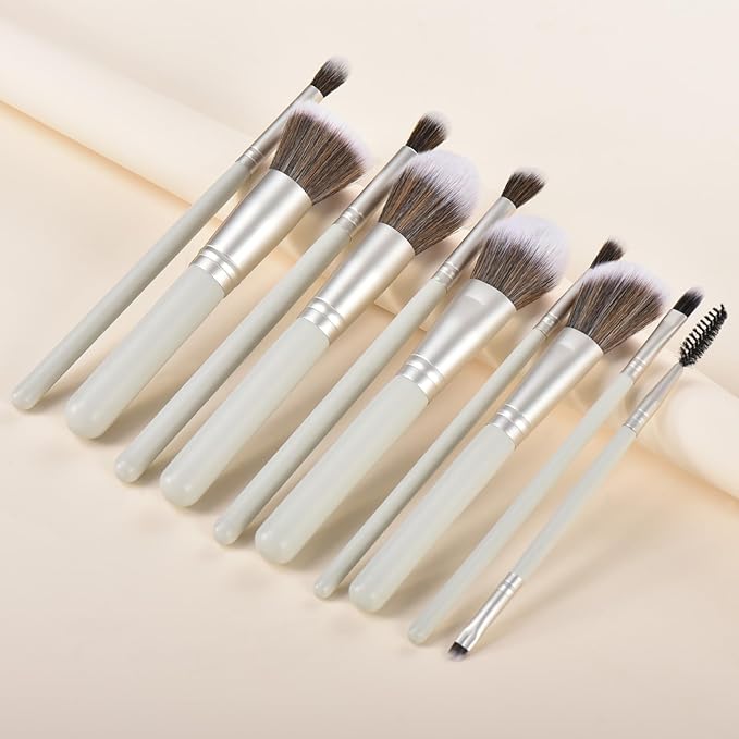 10 Piece Makeup Brushes - Grayish Green Wooden Handle with Soft Synthetic Bristles,for Face & Eye Makeup|Professional Makeup Brushes set for Women & Girls|-VeraVaultWomen