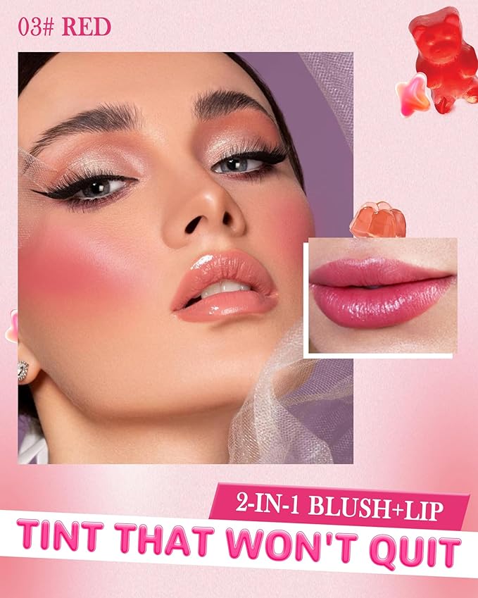 Makeup Jelly Tint, Cooling Water Jelly Tint Red Blush Stick, Sheer Lip & Cheek Tint Stain, Long Lasting Waterproof Jelly Blush Lip Gloss, Vivid Color, Non-Sticky, Buildable Tinted Jelly Lip Stains-03-VeraVaultWomen
