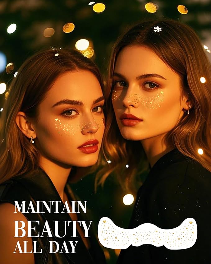 Glitter Freckles, Face Glitter for Kids Women Girls, Waterproof Glow Up Singer Concerts Festival Rave Accessories (Gold - Hearted)