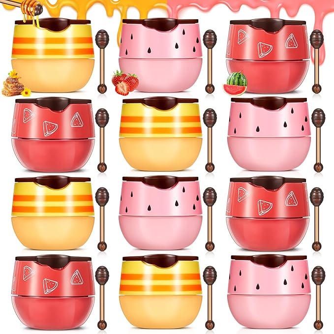12 Pcs Bee Lip Balm Honey Pot with Brush Propolis Lip Mask Overnight, Moisturizing Hydrating Lip Sleeping Mask Prevention Dry and Cracked(Honey+Strawberry+Watermelon)-VeraVaultWomen