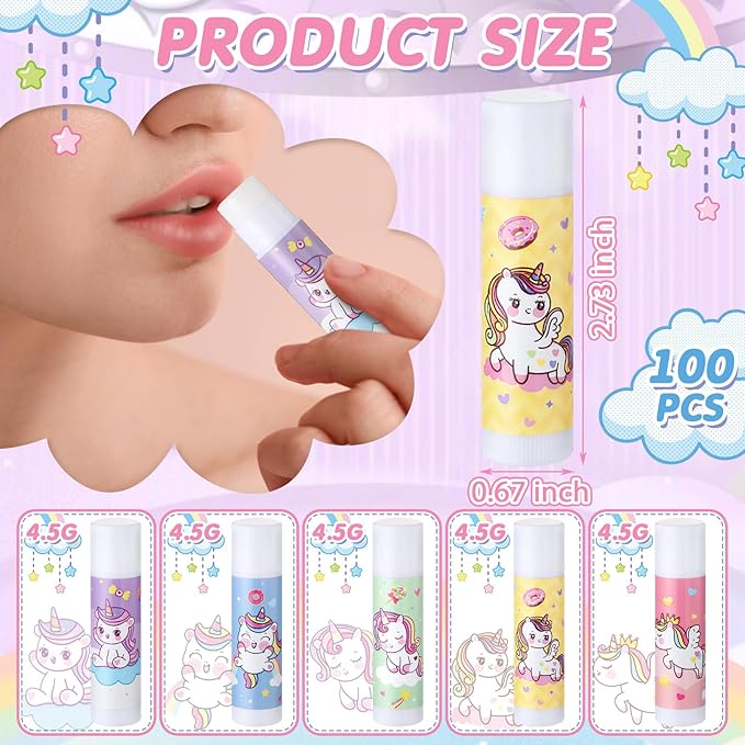 100 Pcs Unicorn Party Favors Lip Balms Bulk for Kids Birthday Party Moisturizing Lip Balm for Unicorn Themed Celebration Gifts Lip Care Products for Classroom Rewards Favor Party Supplies-VeraVaultWomen