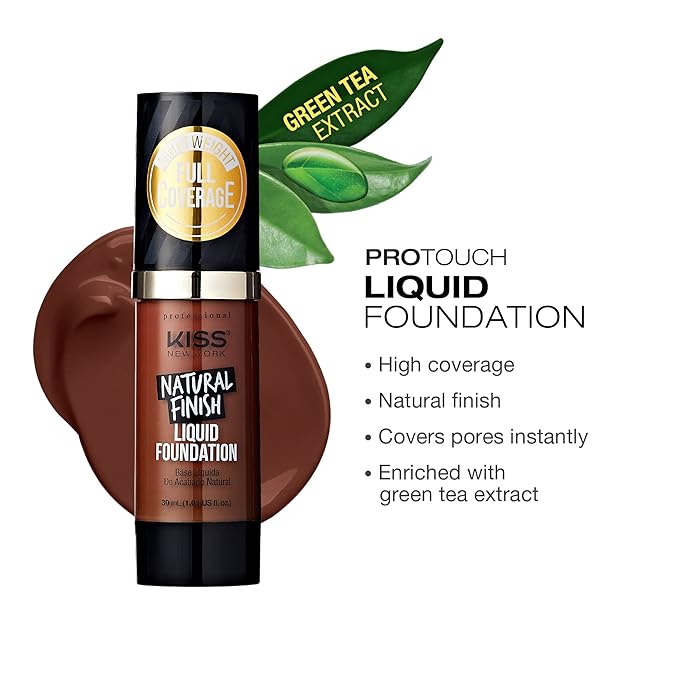 Kiss New York Professional Liquid Foundation - Lightweight and Hydrating Formula, Natural Finish, Control Shine, Cover Pores, Medium to Full Coverage, Green Tea Extract (Chestnut)-VeraVaultWomen