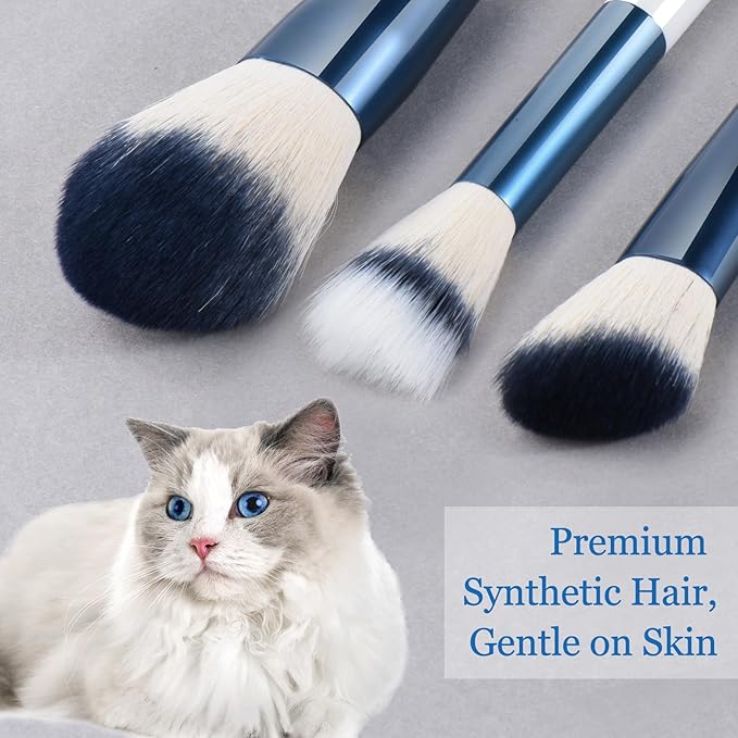 Makeup Brushes Set With Case 10Pcs White Makeup Brush Kit Foundation Eyeshadow Powder Blending Kabuki Eyebrow Eyelash Brushes Cosmetic Brush Travel Kit Gift (White+Blue)-VeraVaultWomen