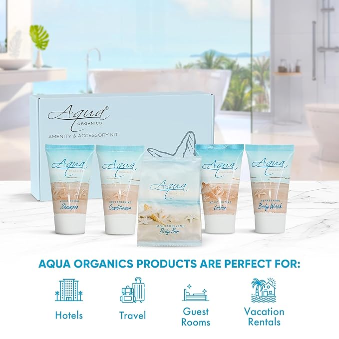 1-Shoppe Aqua Organics Amenity Kit | Boxed Hotel Toiletries Bulk Set | 1 oz Shampoo, Conditioner, Lotion, Body Wash & Bar Soap | 75 Sets per Case