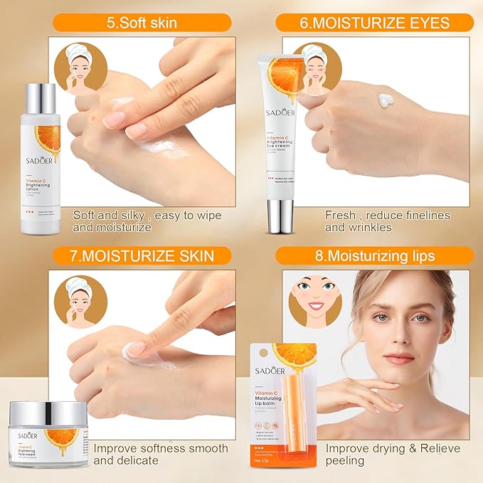 10 Pcs Skin Care Sets Face Care Set for Women Includes 1 Pcs Cleanser, Toner, Lotion, Eye Cream, Serum, Face Cream, Lip Balm and 3 Facial Masks Skincare Gift for Girls (Vitamin C)-VeraVaultWomen